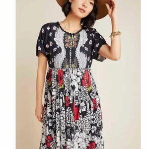 Bl-nk London Anthropologie Trudie Tunic Dress S Black Red Floral Flowy PXXS